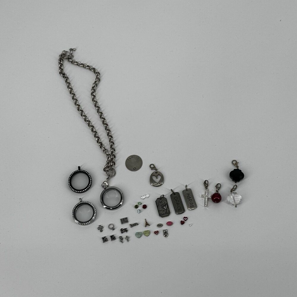Origami Owl Large Silver Locket Black Charms Love Faith Hope Ring Adjustable